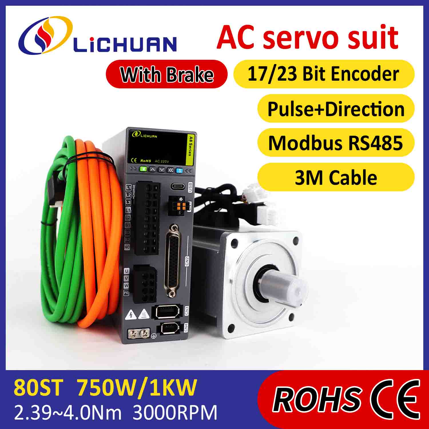 Lichuan AC Servo Motor Sürücüləri Dəsti A8 Yüksək Dəqiqlik STO ABZ 1000W 1KW 3.2N.m 220V 5.8A 2500/3000RPM IP65