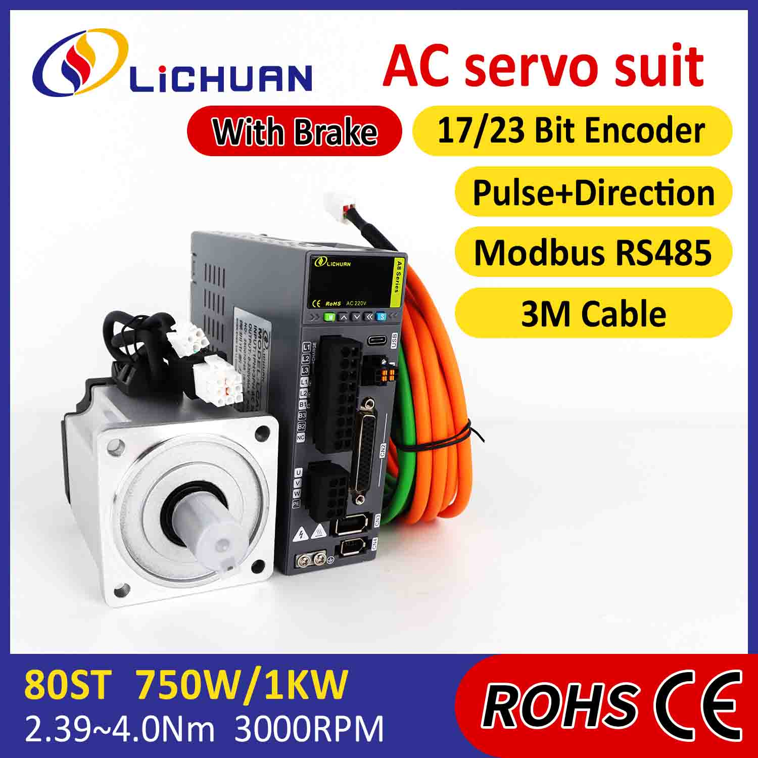 Lichuan AC Servo Motor Sürücüləri Dəsti A8 Yüksək Dəqiqlik STO ABZ 1001W 1KW 4.0N.m 220V 4.6A 2500/3000RPM IP65