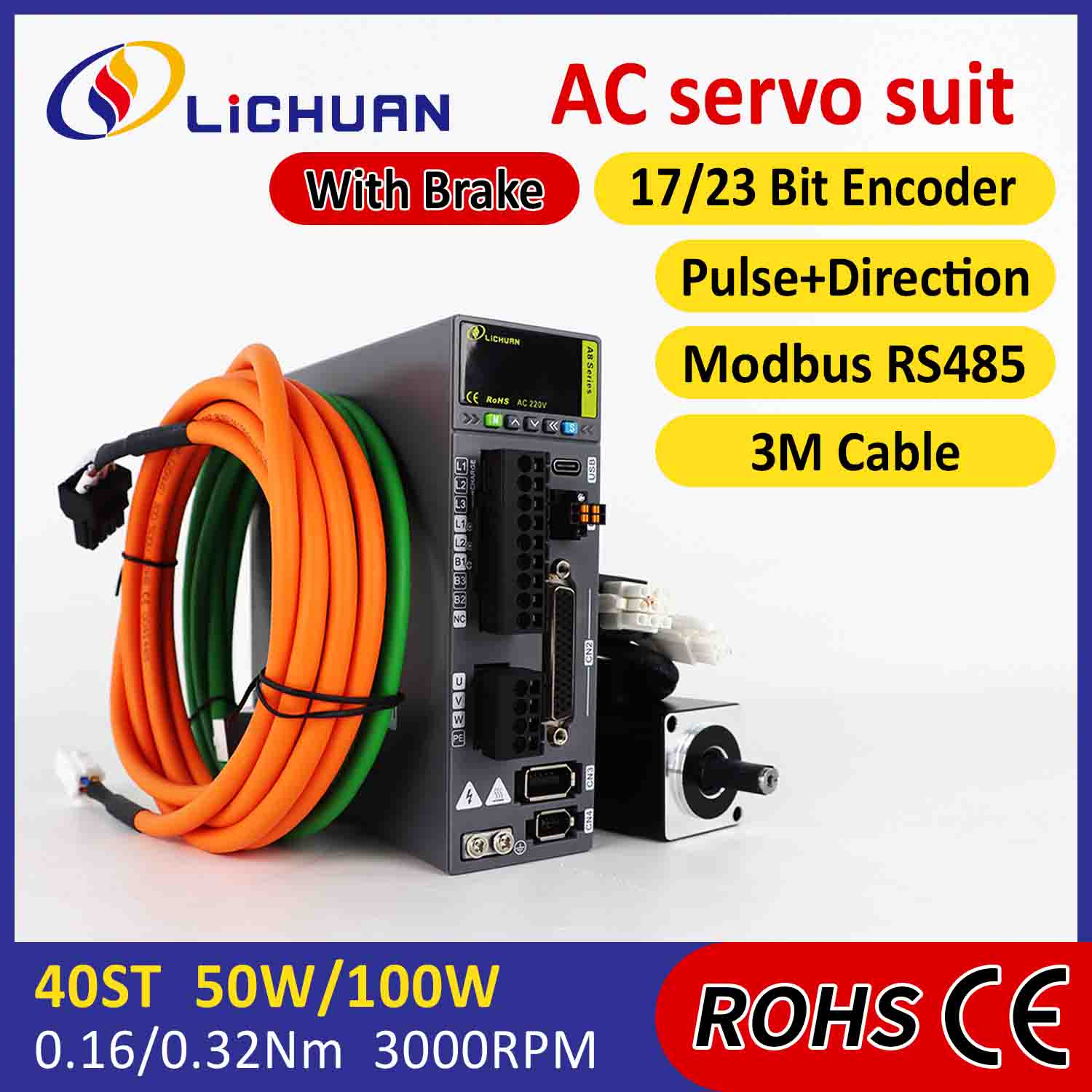 Lichuan AC Servo Motor Sürücüləri Dəsti A8 Yüksək Dəqiqlik STO ABZ 100W 0.32N.m 220V 1.1A 3000RPM IP65