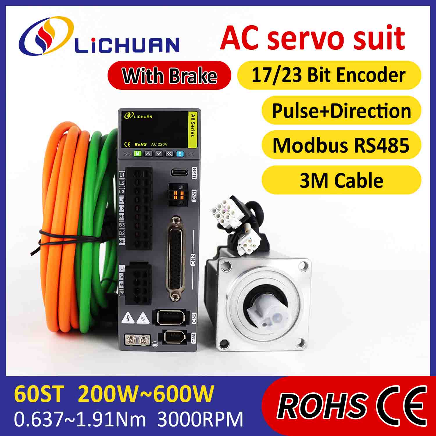 Lichuan AC Servo Motor Sürücüləri Dəsti A8 Yüksək Dəqiqlik STO ABZ 200W 0.637N.m 220V 1.6A 3000RPM IP65