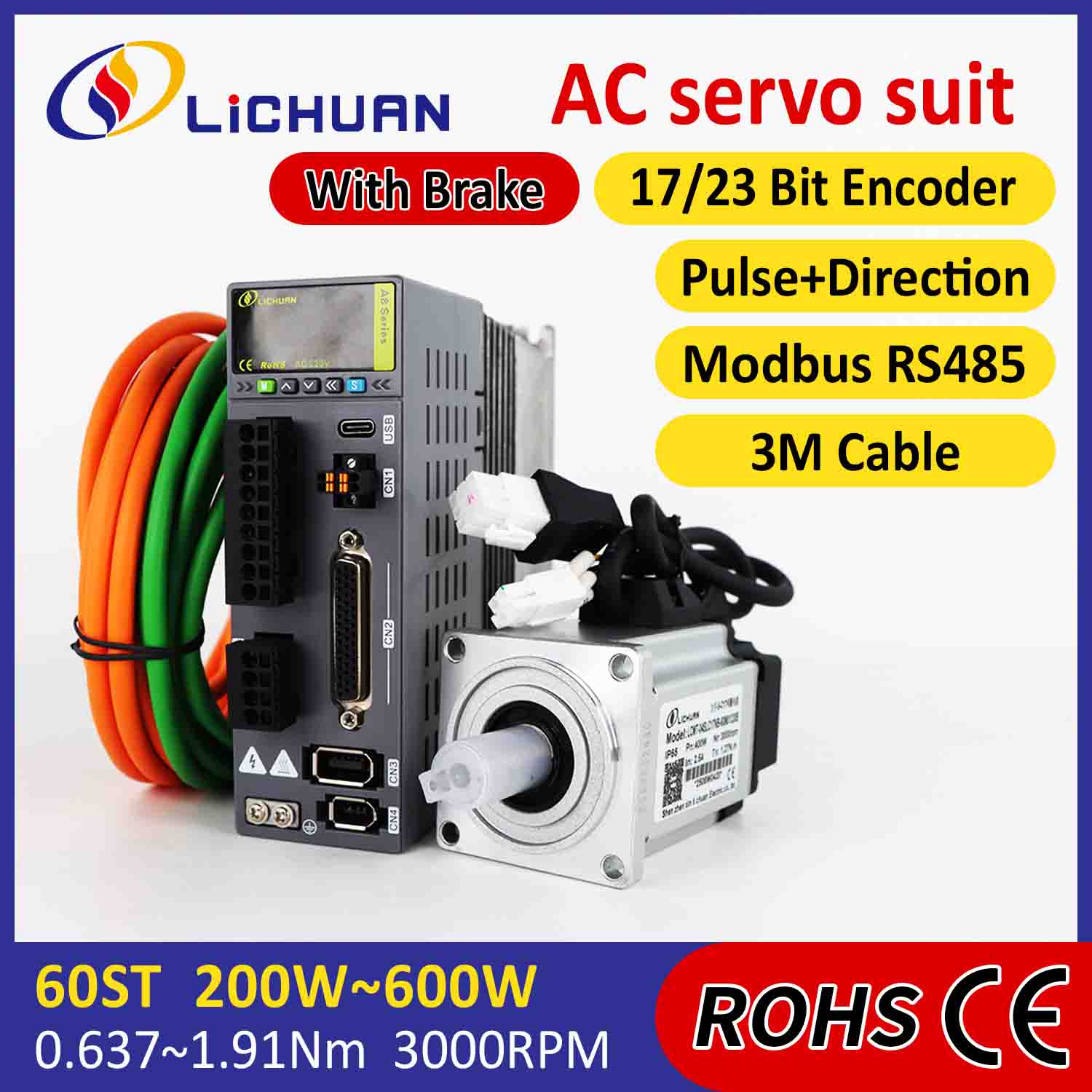 Lichuan AC Servo Motor Sürücüləri Dəsti A8 Yüksək Dəqiqlik STO ABZ 400W 1.27N.m 220V 2.5A 3000RPM IP65