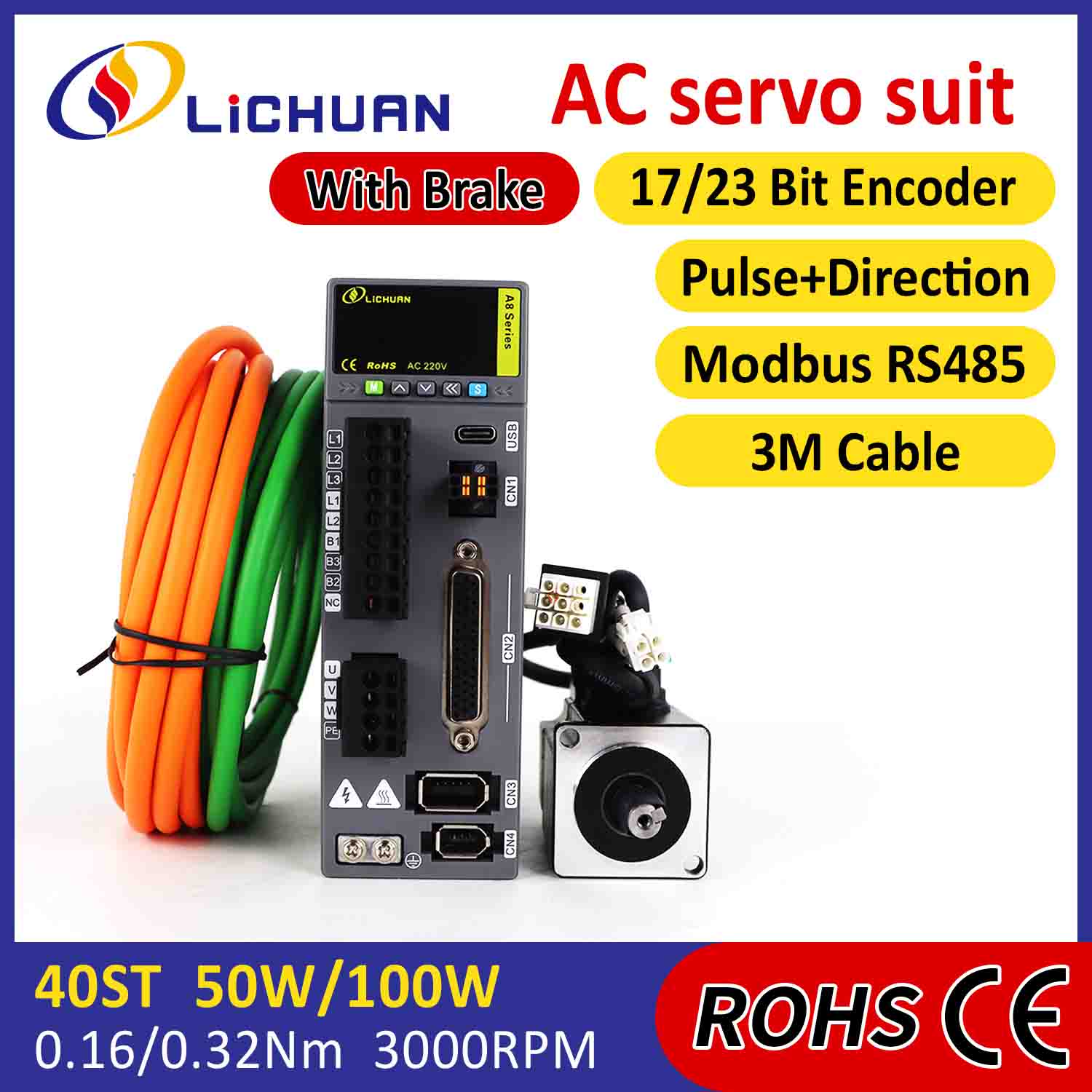 Lichuan AC Servo Motor Sürücüləri Dəsti A8 Yüksək Dəqiqlik STO ABZ 50W 0.16N.m 220V 0.8A 3000RPM IP65