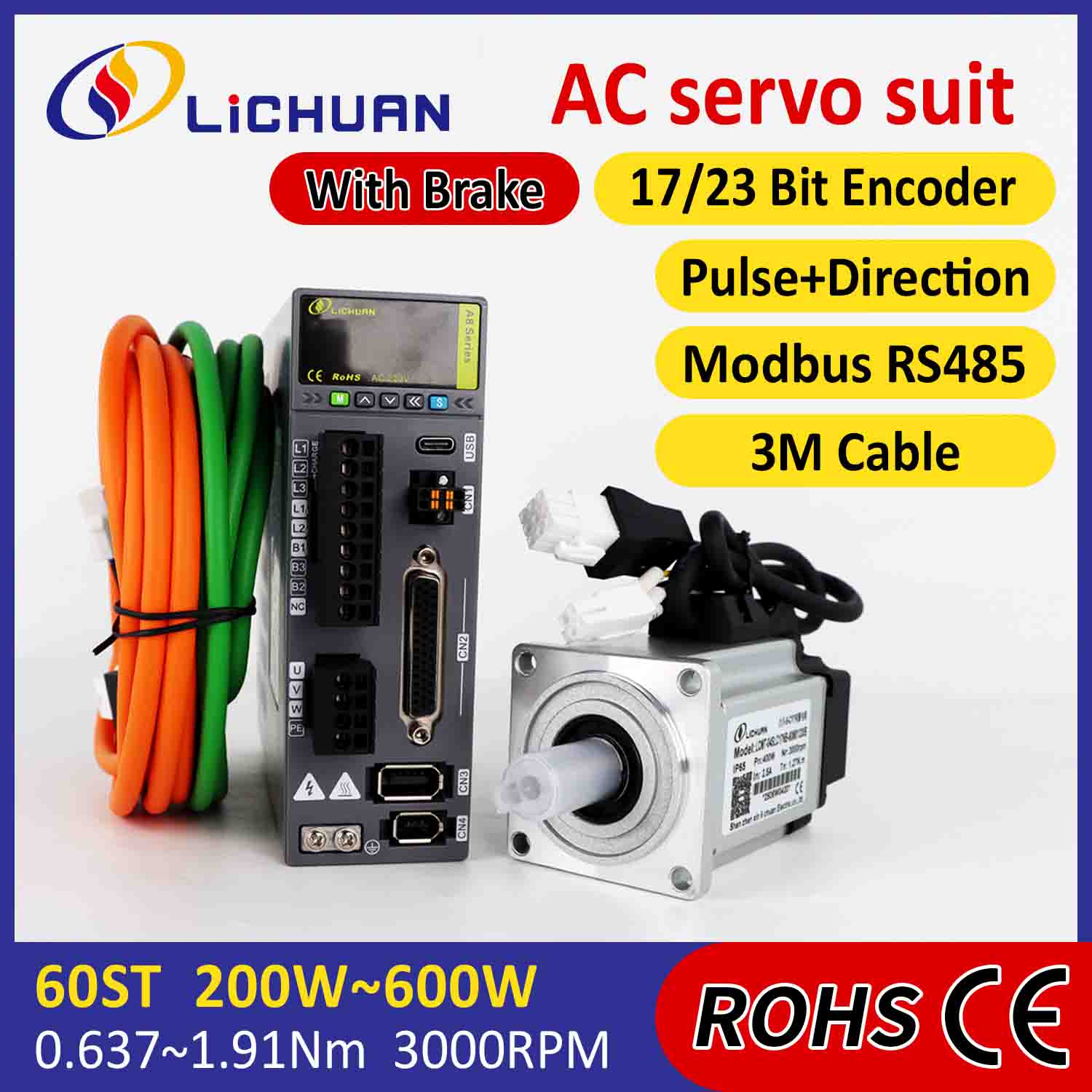 Lichuan AC Servo Motor Sürücüləri Dəsti A8 Yüksək Dəqiqlik STO ABZ 600W 1.91N.m 220V 3.3A 3000RPM IP65