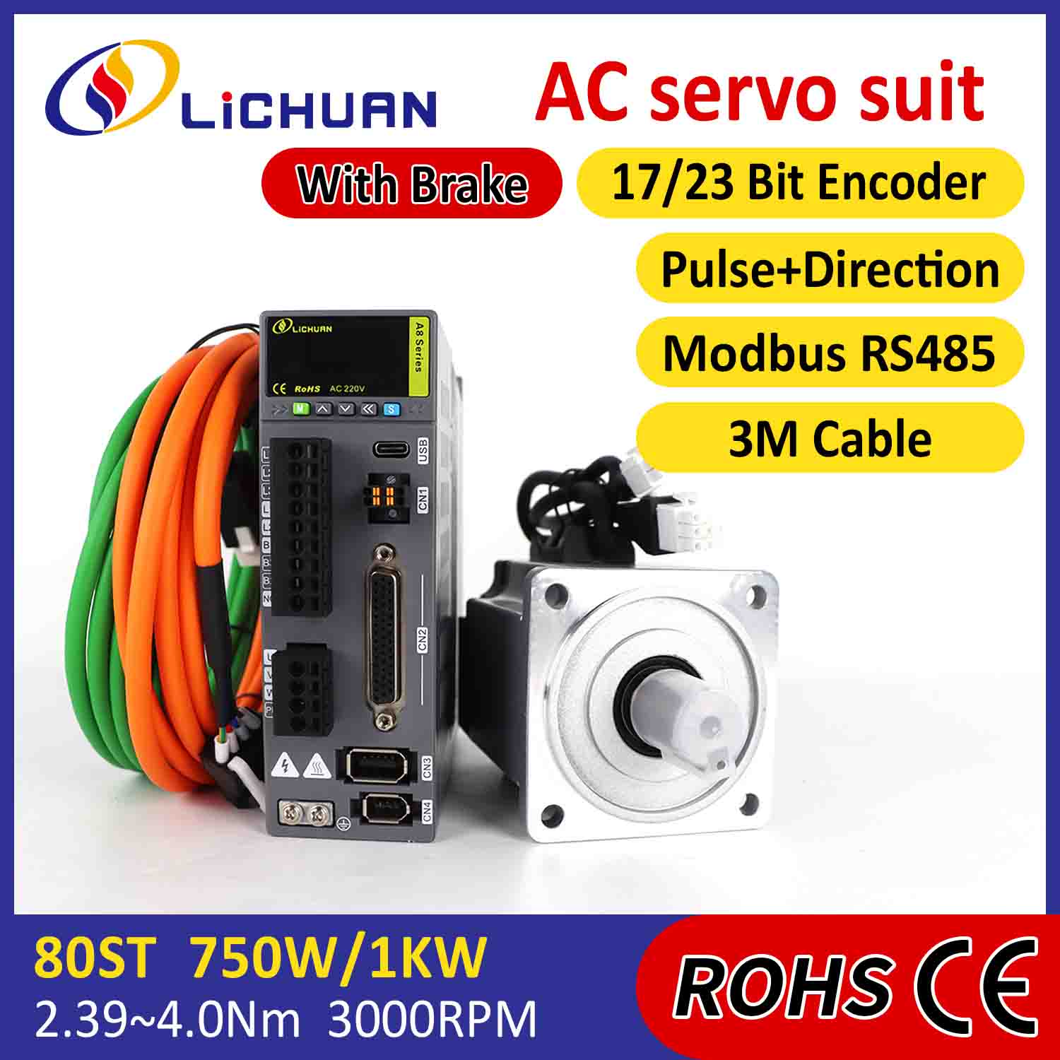 Lichuan AC Servo Motor Sürücüləri Dəsti A8 Yüksək Dəqiqlik STO ABZ 750W 0.75KW 2.39N.m 220V 4.5A 2500/3000RPM IP65