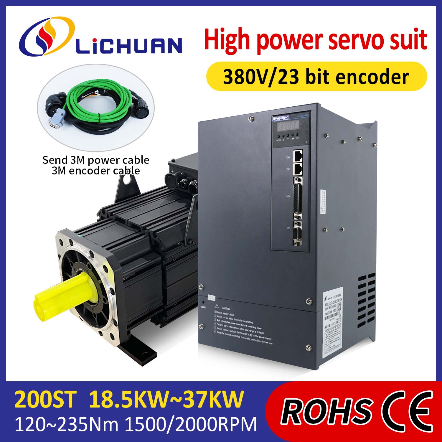 Lichuan AC Servo Motor Sürücüləri Dəsti YÜKSƏK GÜCÜ 140N.m 22KW AC380V 44.7A 1500/2000RPM IP65