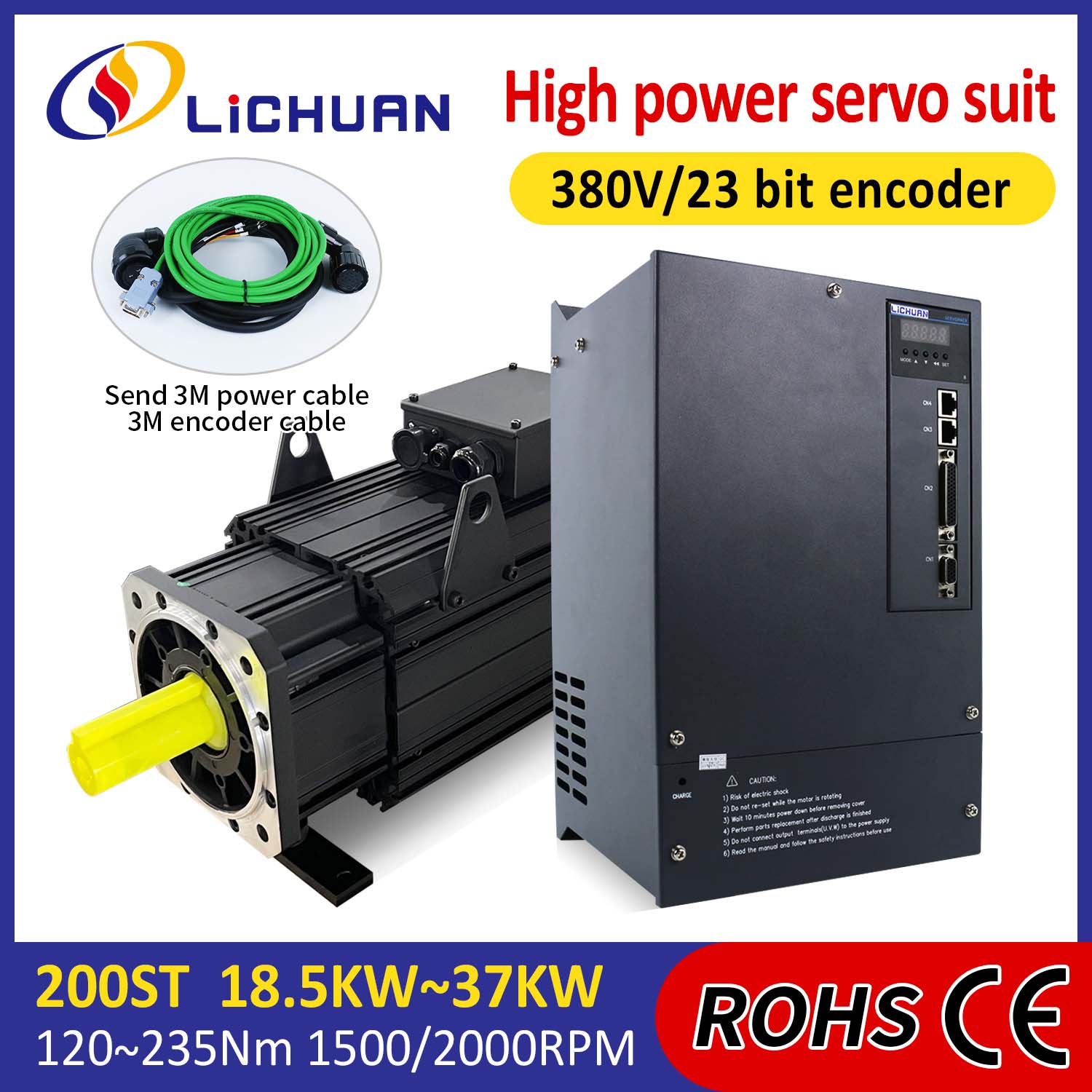 Lichuan AC Servo Motor Sürücüləri Dəsti YÜKSƏK GÜC 191N.m 30KW AC380V 52A 1500/2000RPM IP65