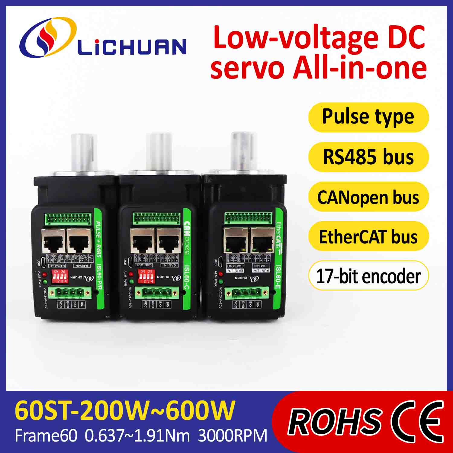 Lichuan İnteqrasiya edilmiş Servo Motor Sürücüsü L-formalı 200W 0.637N.m DC24/48V 6.0/10/12/15A 3000RPM IP65