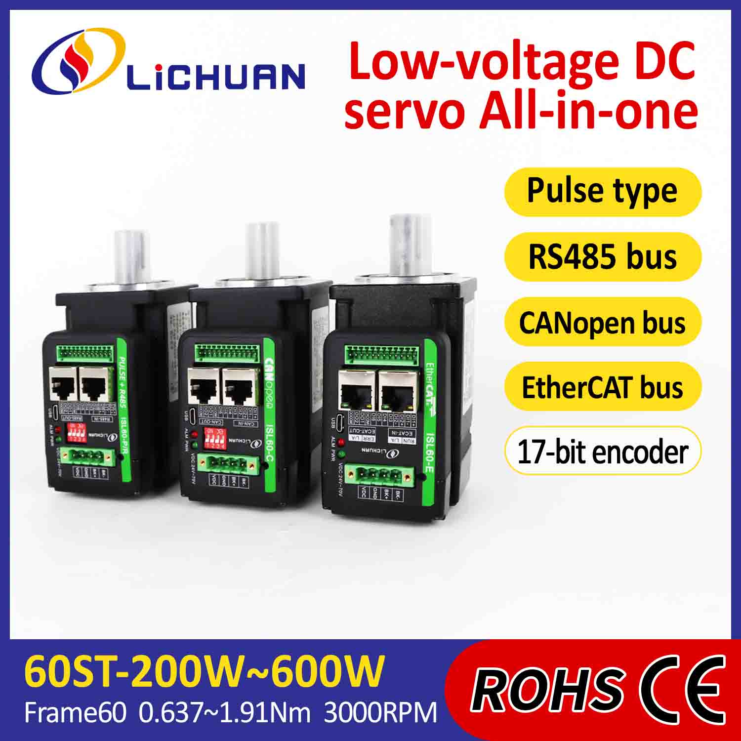 Lichuan İnteqrasiya edilmiş Servo Motor Sürücüsü L-formalı 400W 1.27N.m DC24/48V 6.0/10/12/15A 3000RPM IP65
