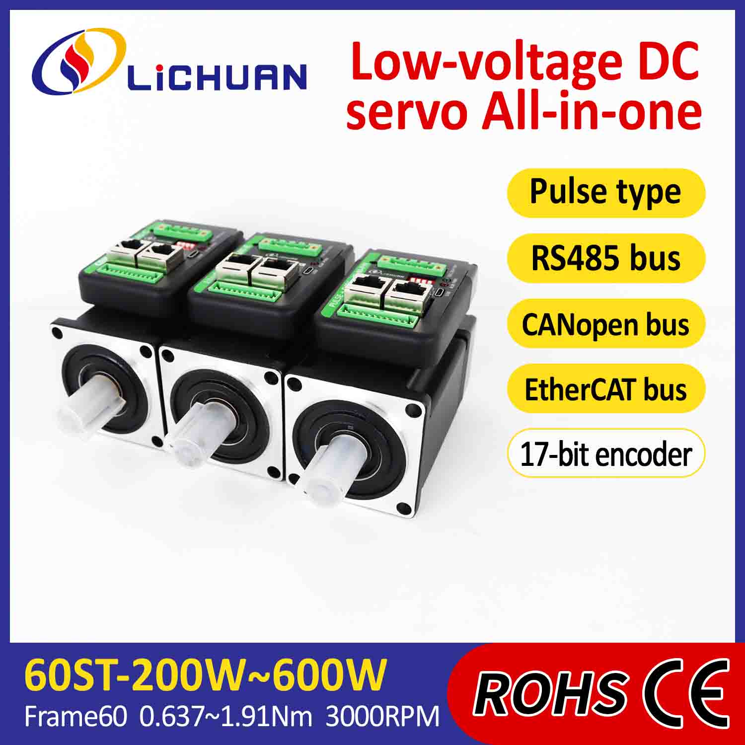 Lichuan İnteqrasiya edilmiş Servo Motor Sürücüsü L-formalı 600W 1.91N.m DC24/48V 6.0/10/12/15A 3000RPM IP65
