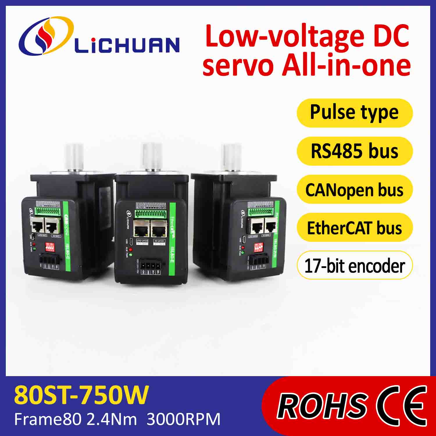 Lichuan İnteqrasiya edilmiş Servo Mühərriklər Sürücüsü L-formalı 750W 2.4N.m DC48V 20A 3000RPM IP65