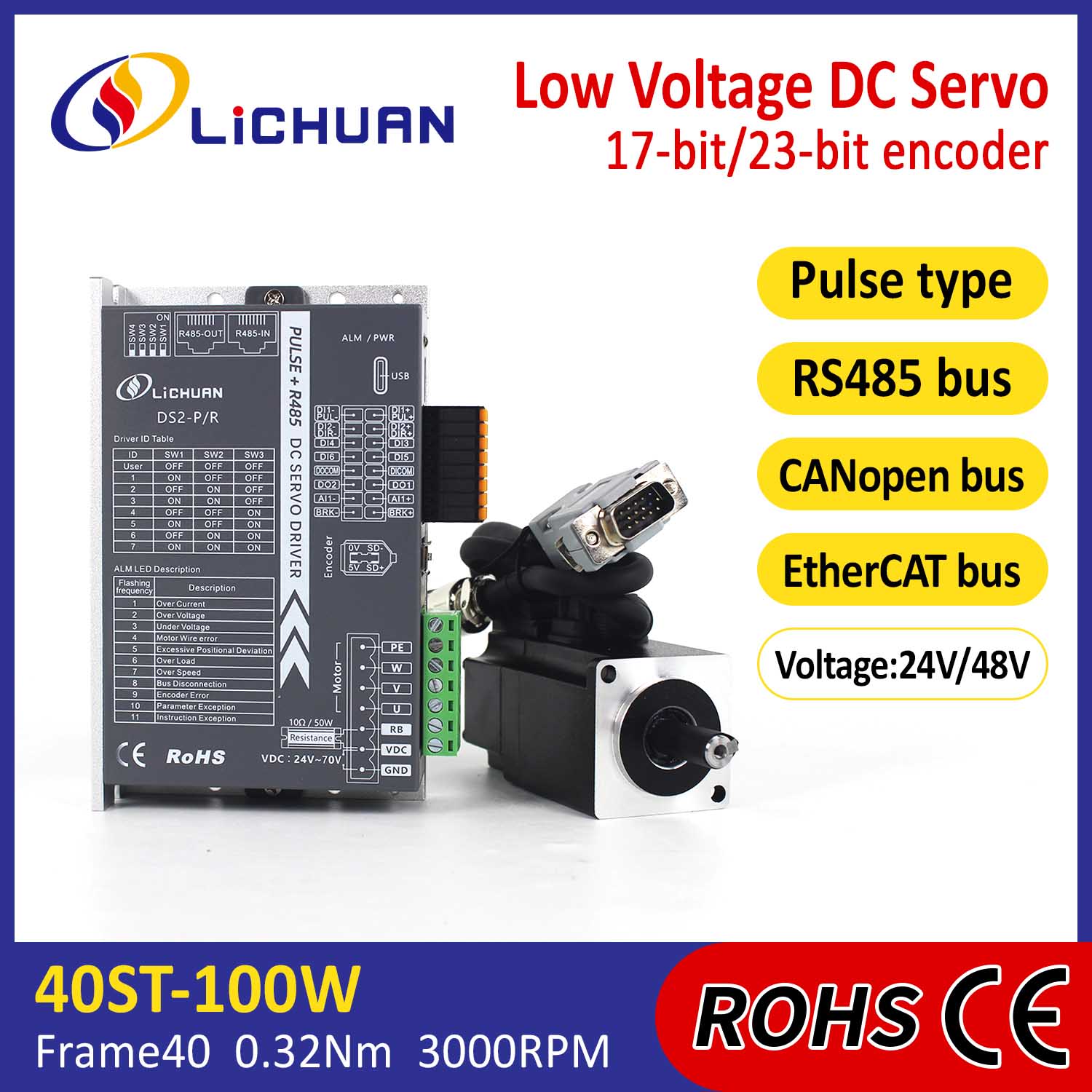 Pulse / Rs485 / Canopen / Ethercat 40 Flanged 100W Aşağı Voltaj DC Servo Avtomobil Servisləri dəsti