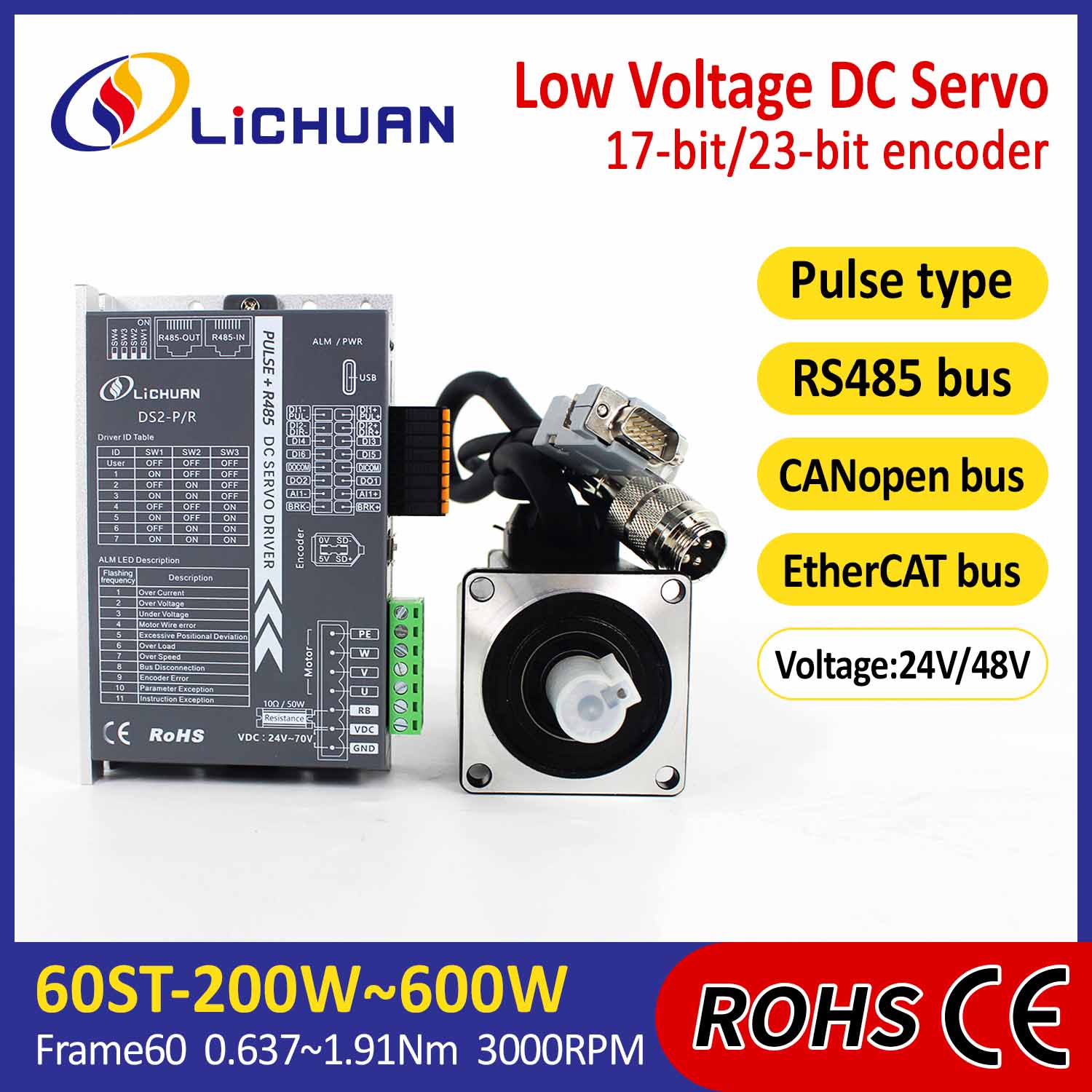 Pulse / Rs485 / Canopen / Ethercat 60 Flanged 200W / 400W / 600W Aşağı Voltaj DC Servo Avtomobil Sürücüləri dəsti