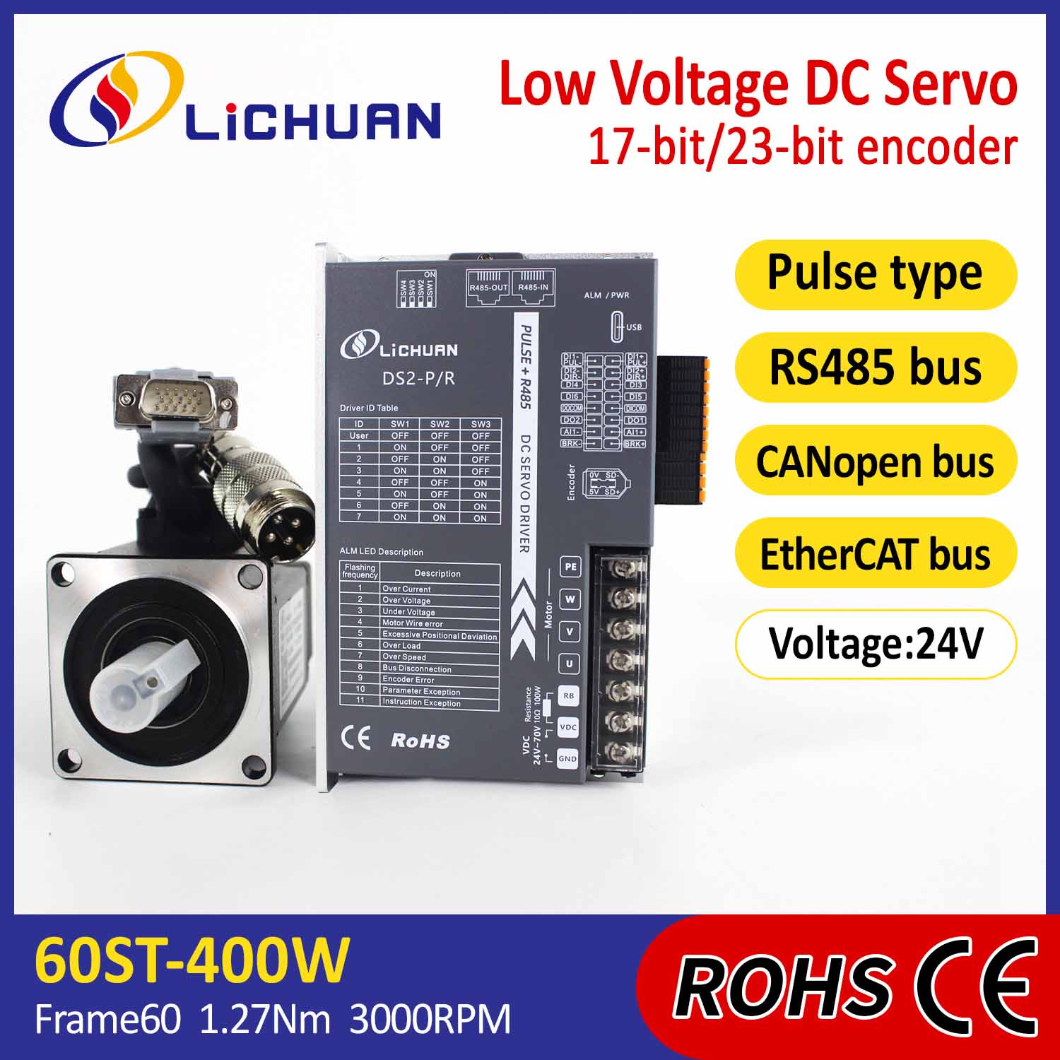Pulse / Rs485 / Canopen / Ethercat 60 Flanged 400W Aşağı Voltaj DC Servo Avtomobil Sürücüləri dəsti