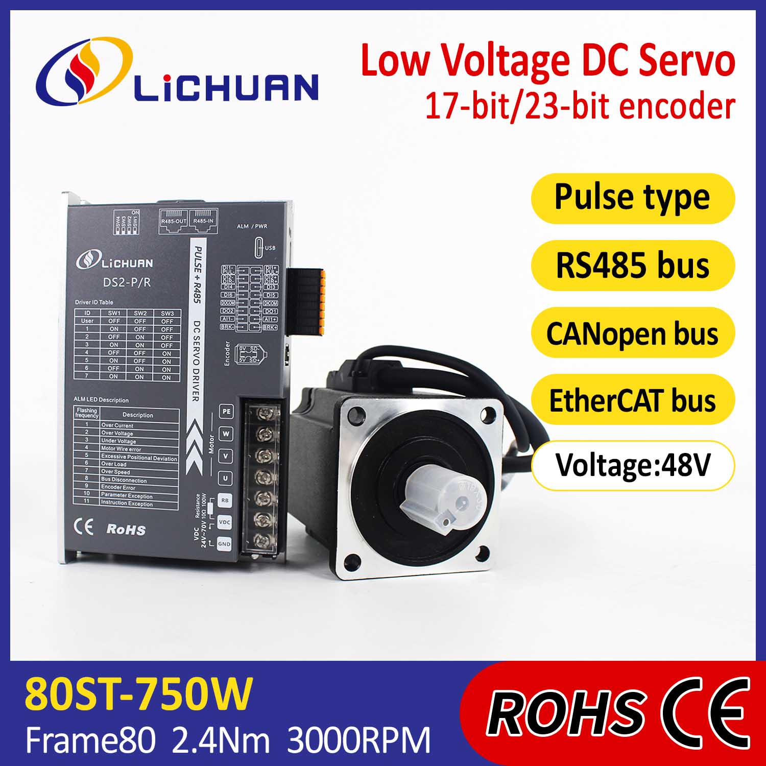 Pulse / Rs485 / Canopen / Ethercat 80 Flanged 750W Aşağı Voltaj DC Servo Motor Sürücüləri dəsti